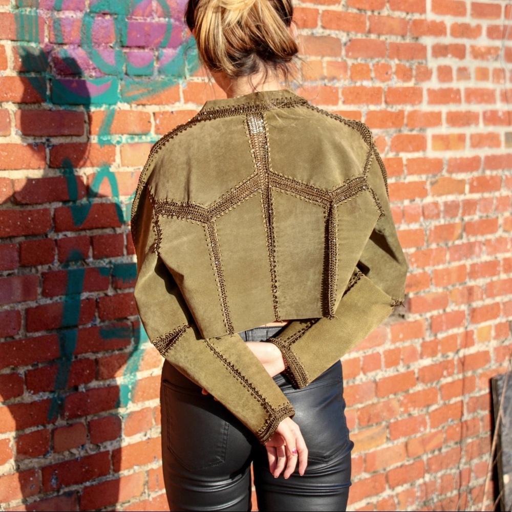 Vintage Olive Green Cropped Suede Leather Jacket - Picture 8 of 8